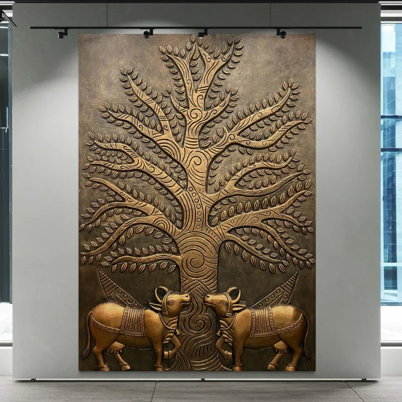 Krishna Cow Pichwai with Tree of Life 3D Relief Mural Wall Art