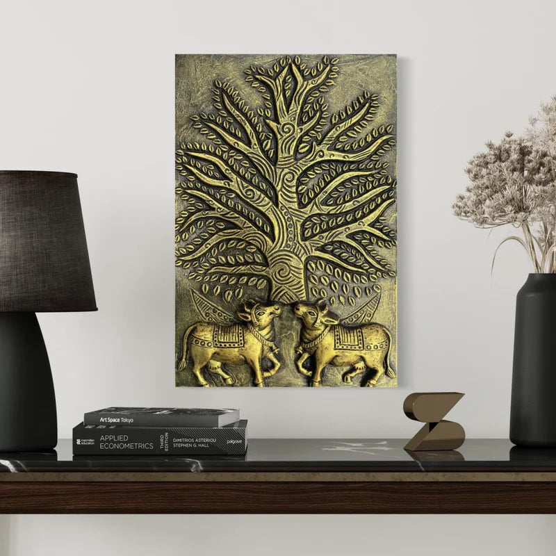 Krishna Cow Pichwai with Tree of Life 3D Relief Mural Wall Art