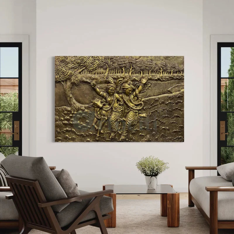 3x4.5 Feet Lord Krishna & Balaram 3D Relief Mural Wall Art