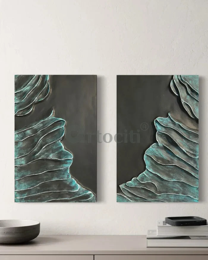 24X16 Inch Set of 2 Abstract Wave 3D Relief Wall Murals | Modern Abstract wall art
