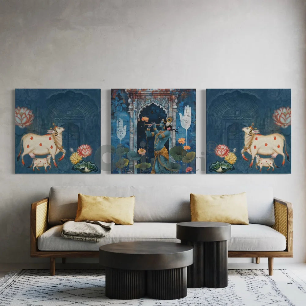 Divine Pichwai Trio: Krishna With Cows Pichwai (Set Of 3) Canvas Set