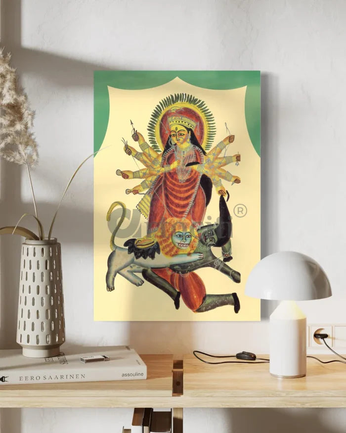 Durga and Mahishasura Kalighat Painting Canvas Giclee Print
