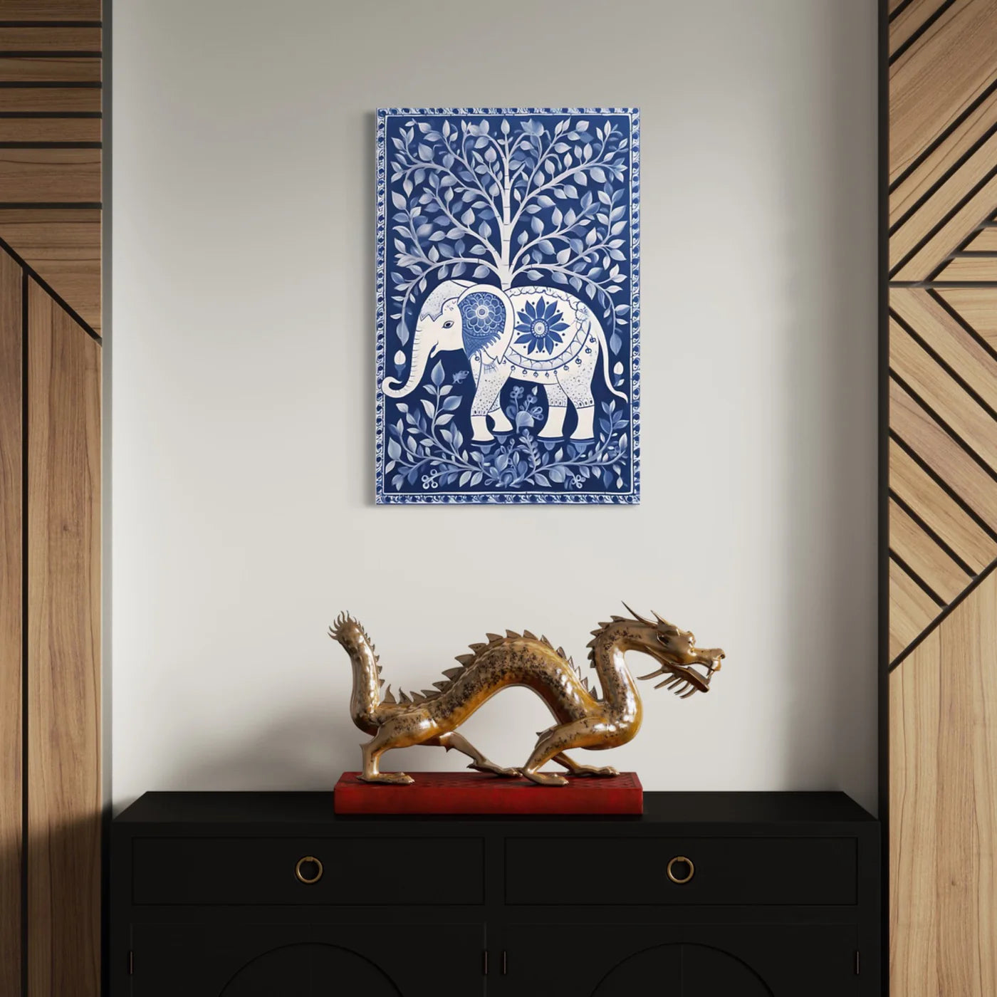 Blue Indian Elephant Kalamkari Art In Premium Canvas Print