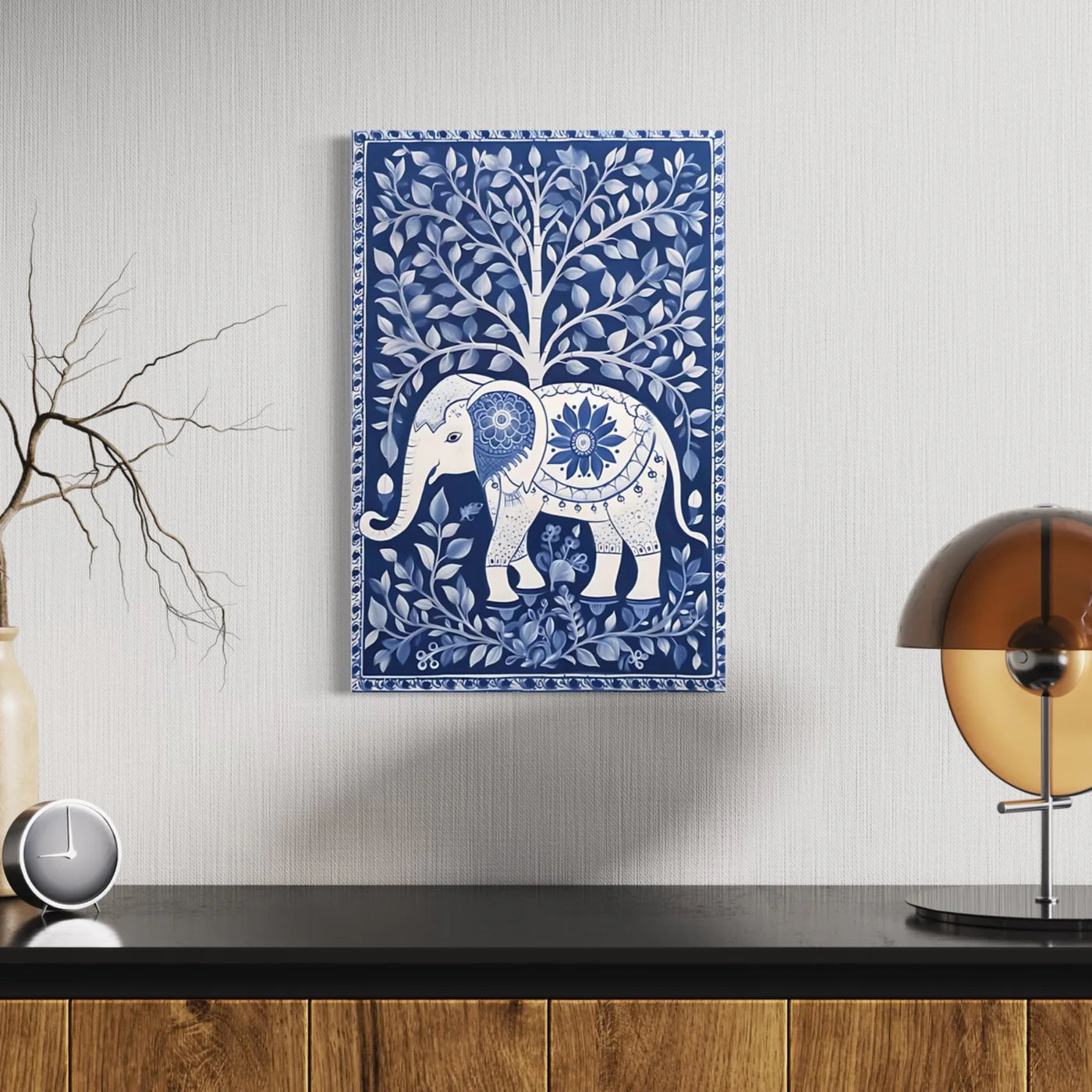 Blue Indian Elephant Kalamkari Art In Premium Canvas Print