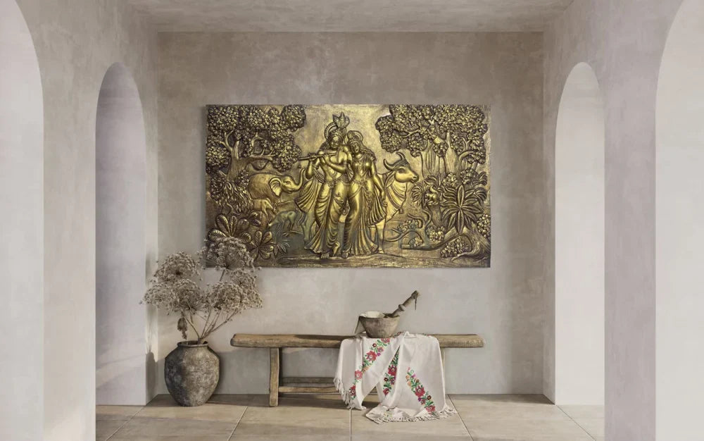 7x4 Feet Radha Krishna 3D Elevation Sculpture Relief Mural Wall Art