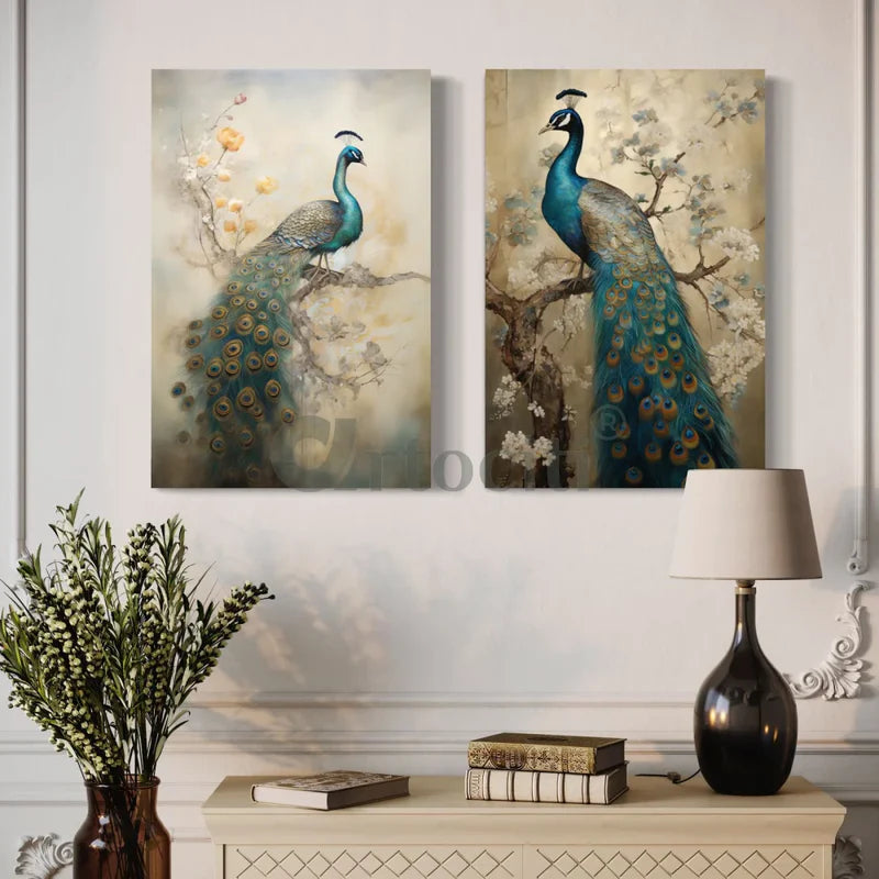 Ethereal Peacock: Duets Indian Ethnic Canvas Art Set