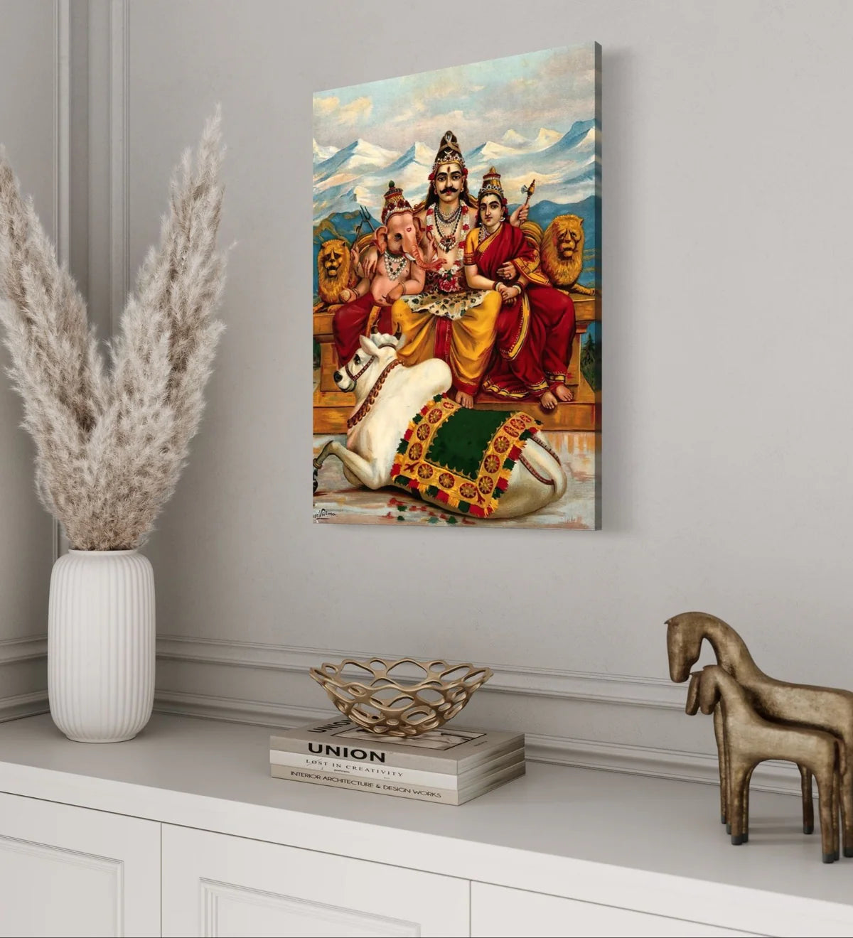Shiva Parvati And Ganesha On Mount Kailas By Raja Ravi Varma Famous Canvas Painting