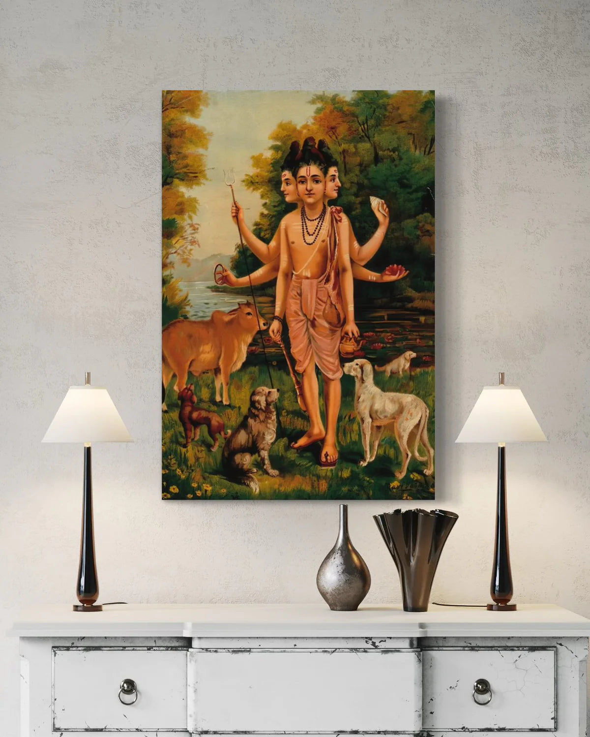Dattatreya With His Four Dogs And Cow By Raja Ravi Varma Famous Canvas Painting