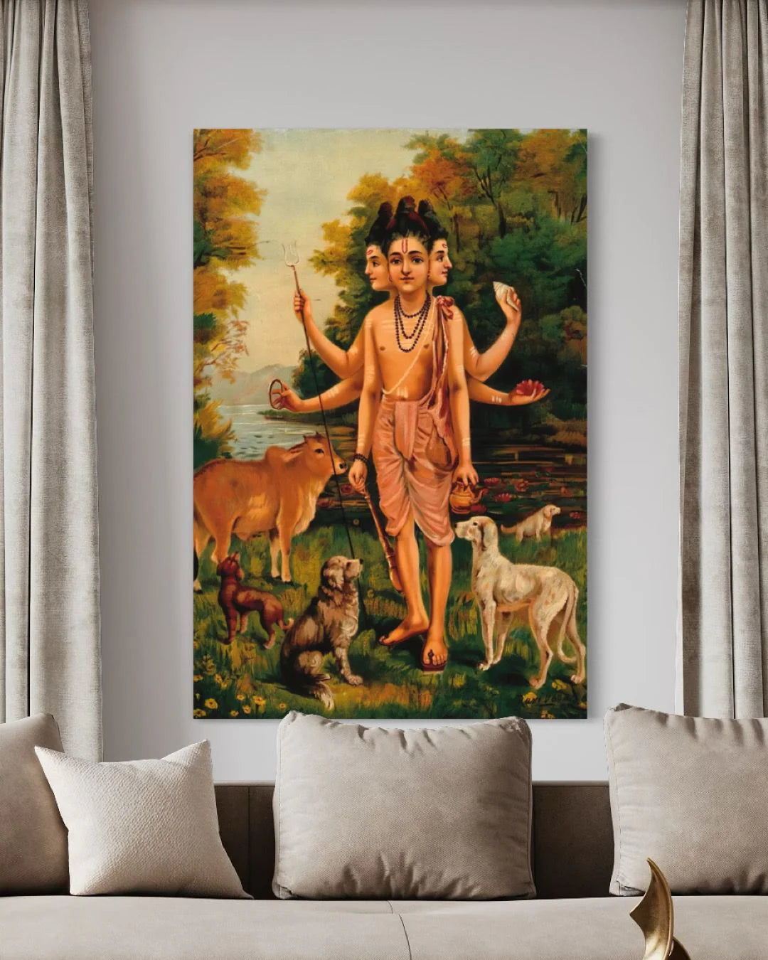 Dattatreya With His Four Dogs And Cow By Raja Ravi Varma Famous Canvas Painting
