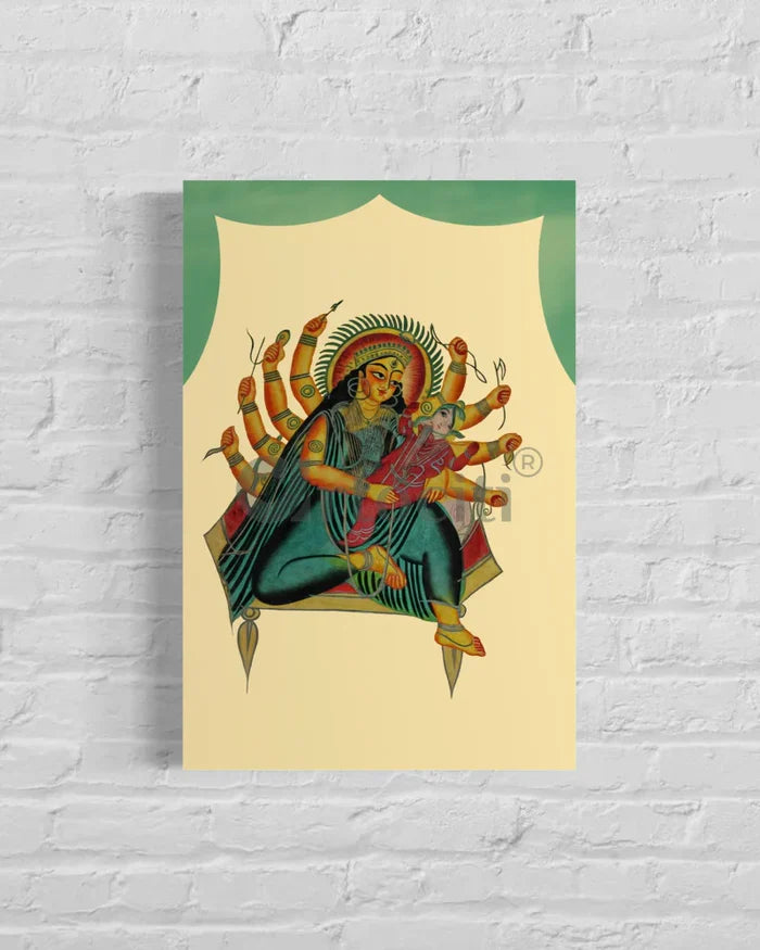 Ganesha in the Lap of Parvati Kalighat Painting Canvas Giclee Print