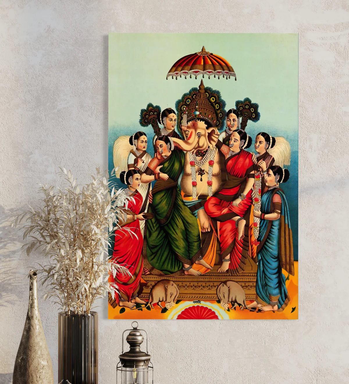 Ganesha And His Two Wives By Raja Ravi Varma Famous Canvas Painting