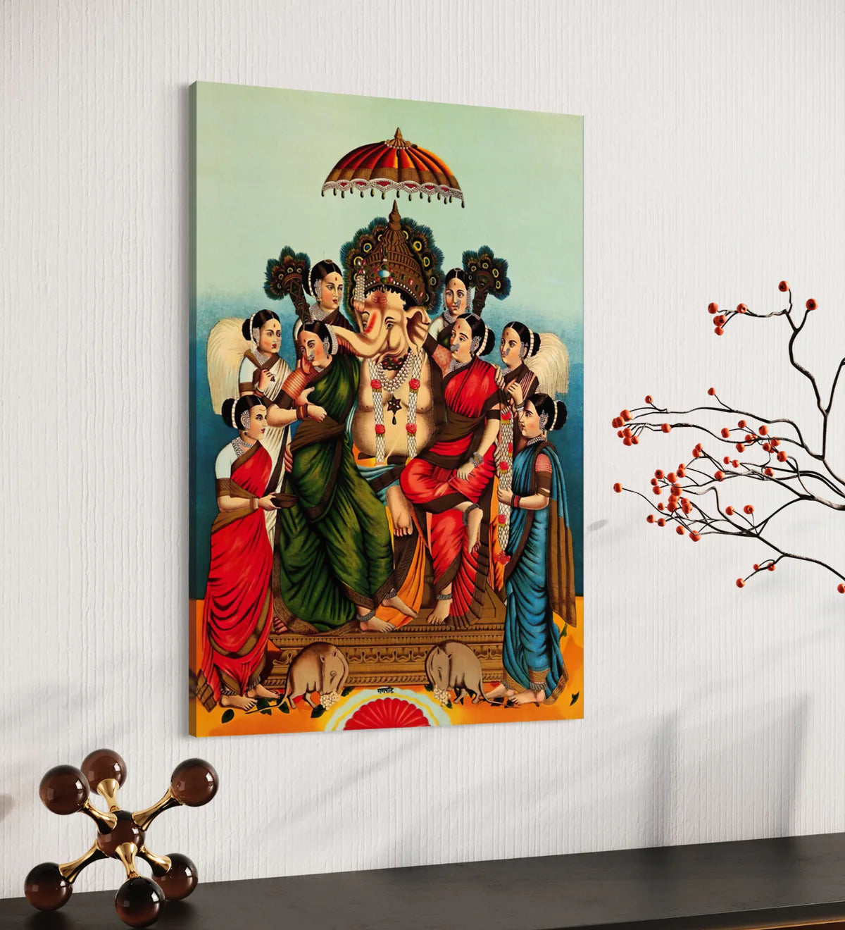 Ganesha And His Two Wives By Raja Ravi Varma Famous Canvas Painting