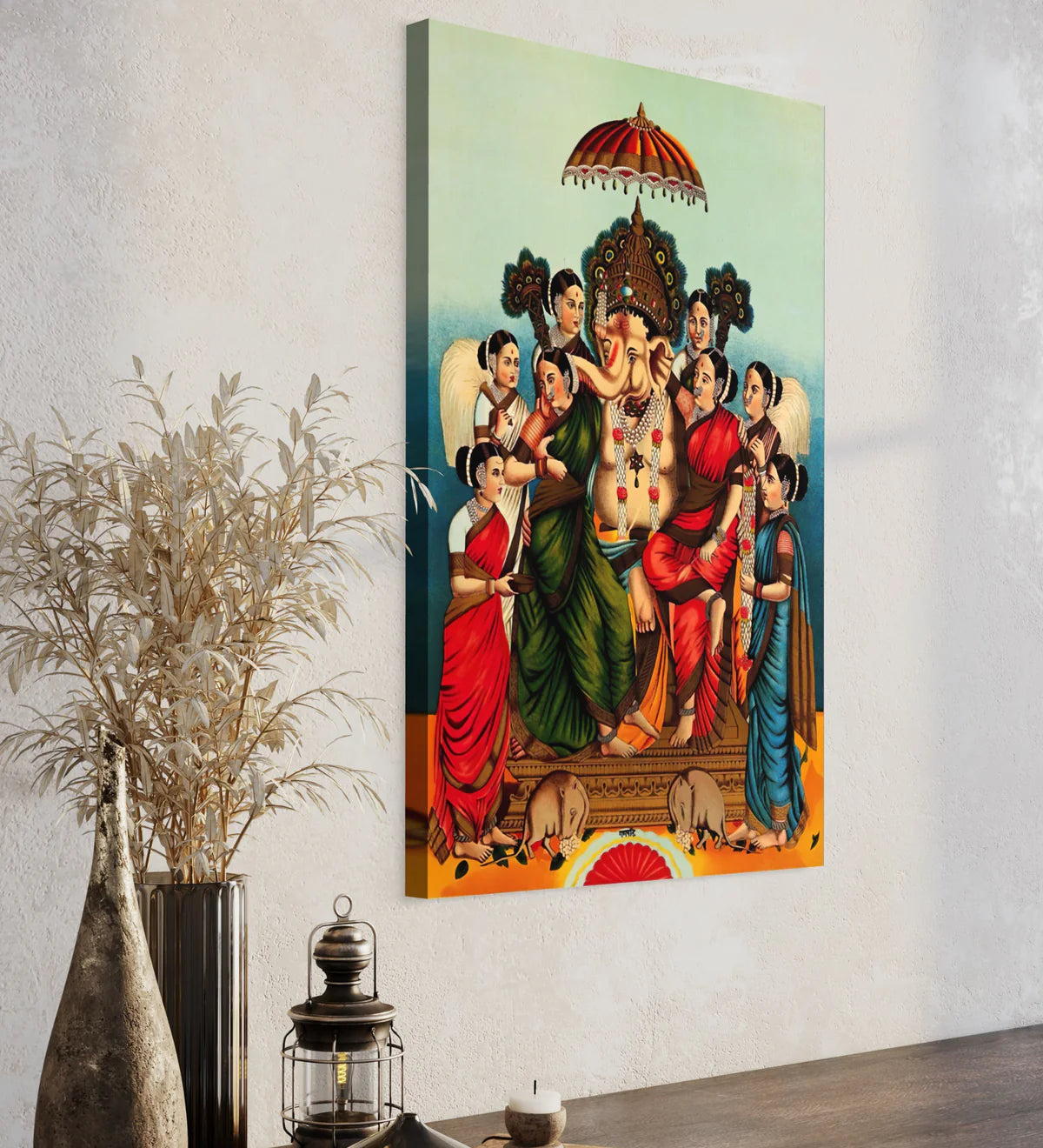 Ganesha And His Two Wives By Raja Ravi Varma Famous Canvas Painting