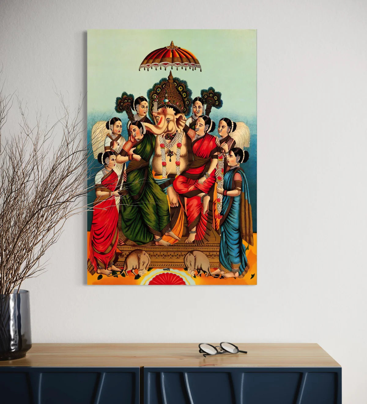 Ganesha And His Two Wives By Raja Ravi Varma Famous Canvas Painting
