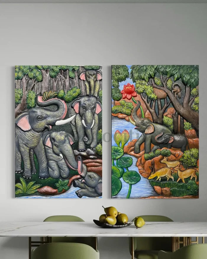 Nature inspired 3D Relief Mural Set - Elephant, Deer, Trees