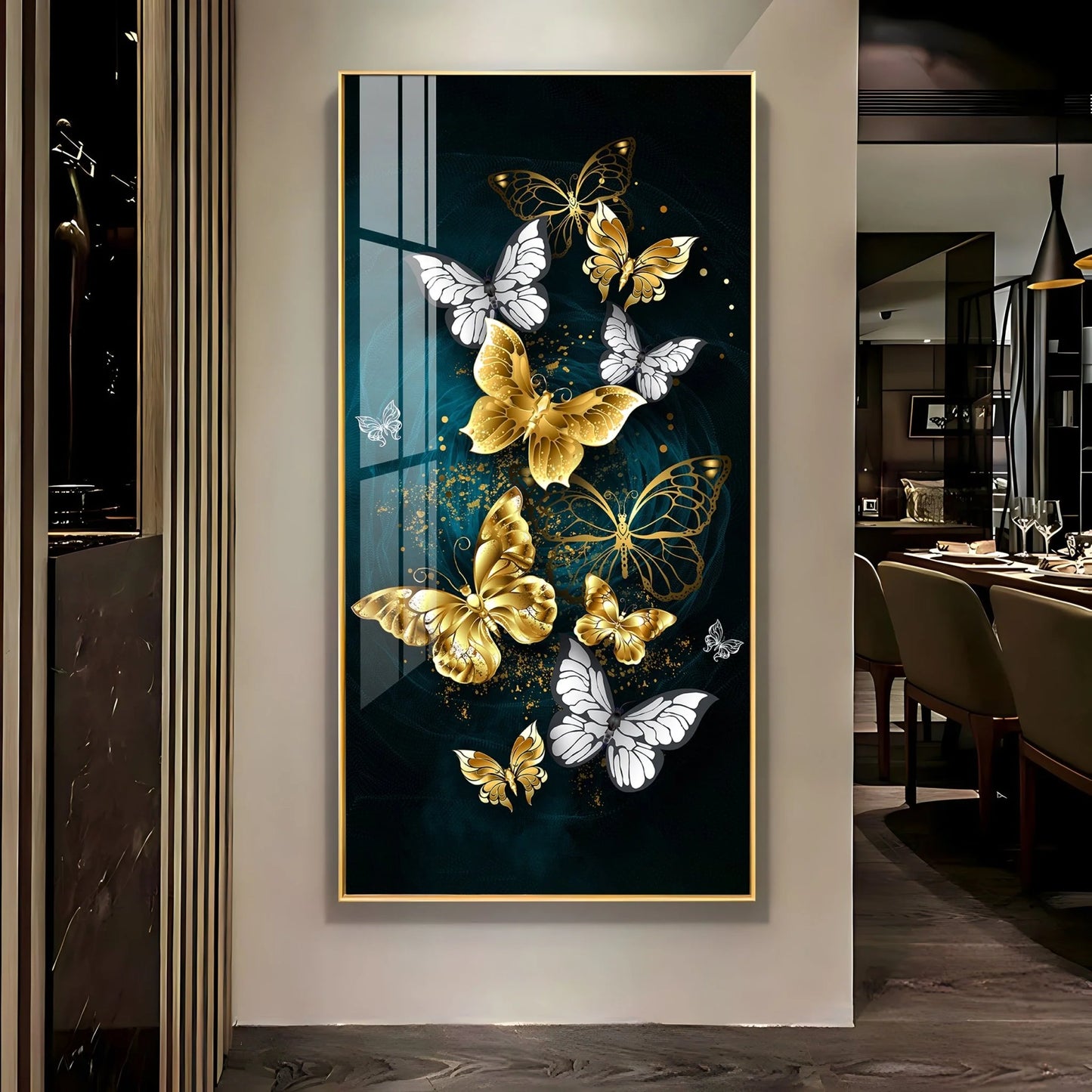 Glittery Golden & Silver Butterfly Premium Acrylic Vertical Wall Art