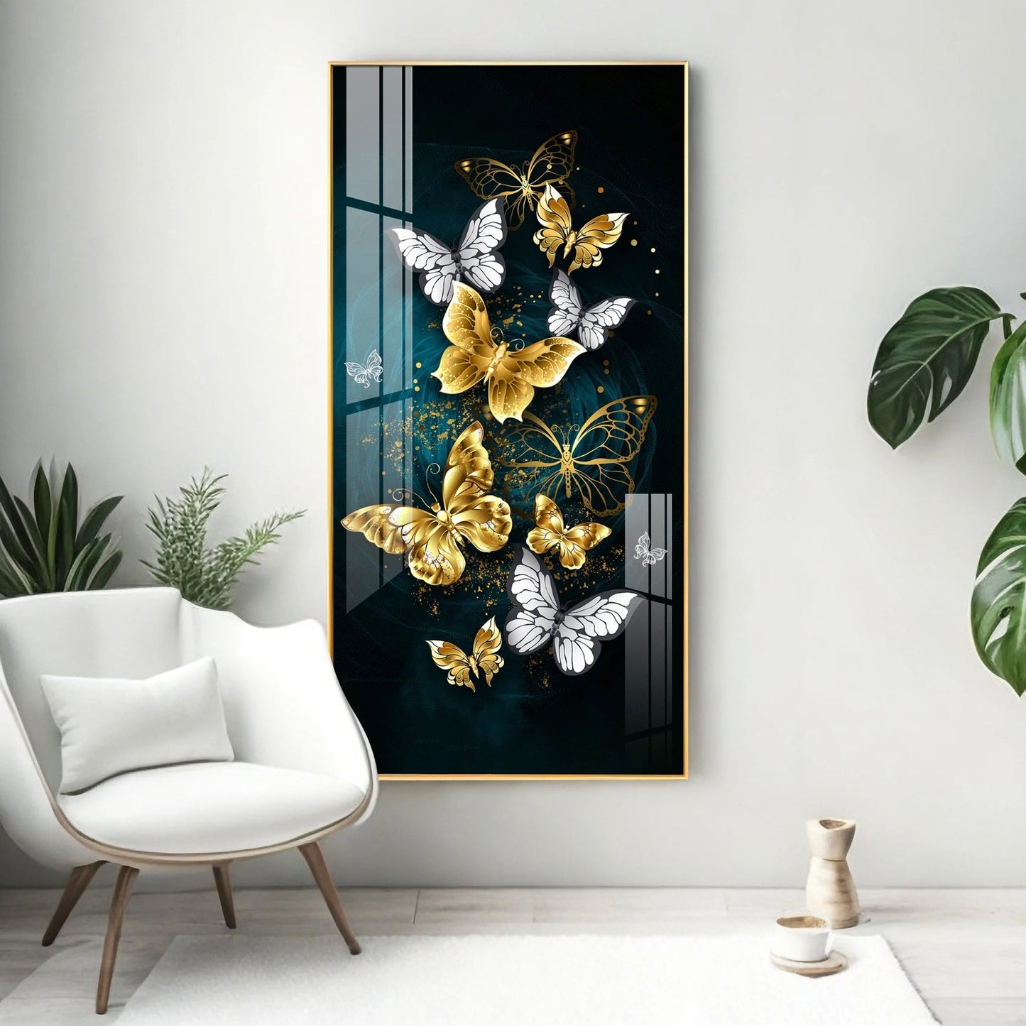 Glittery Golden & Silver Butterfly Premium Acrylic Vertical Wall Art