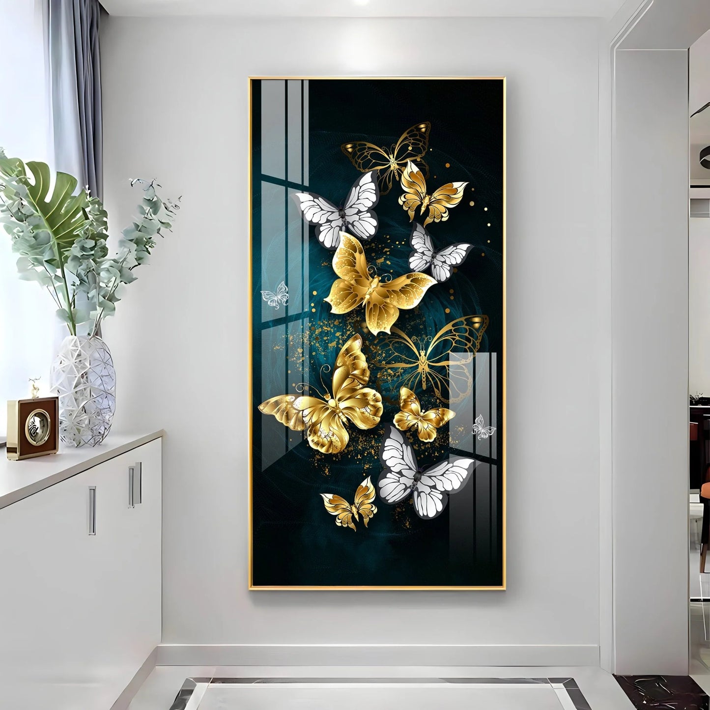 Glittery Golden & Silver Butterfly Premium Acrylic Vertical Wall Art