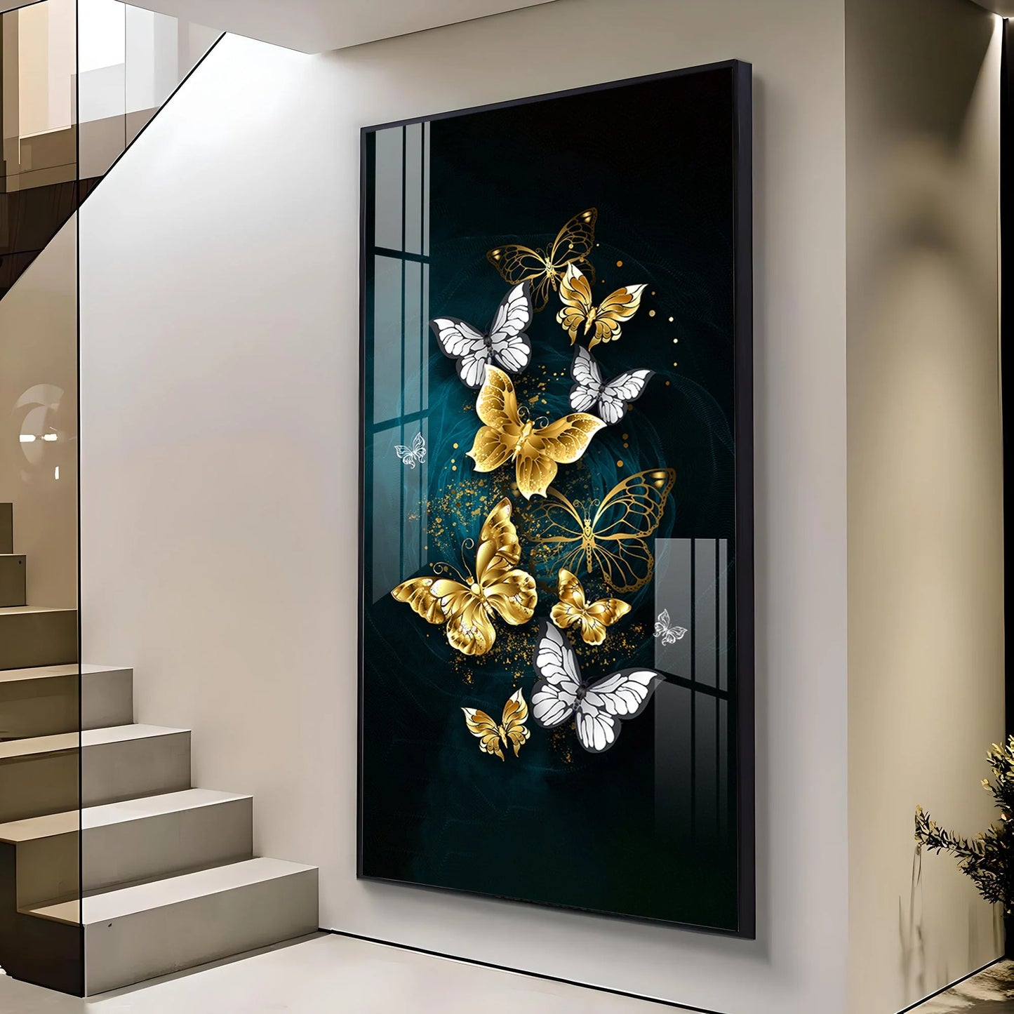 Glittery Golden & Silver Butterfly Premium Acrylic Vertical Wall Art