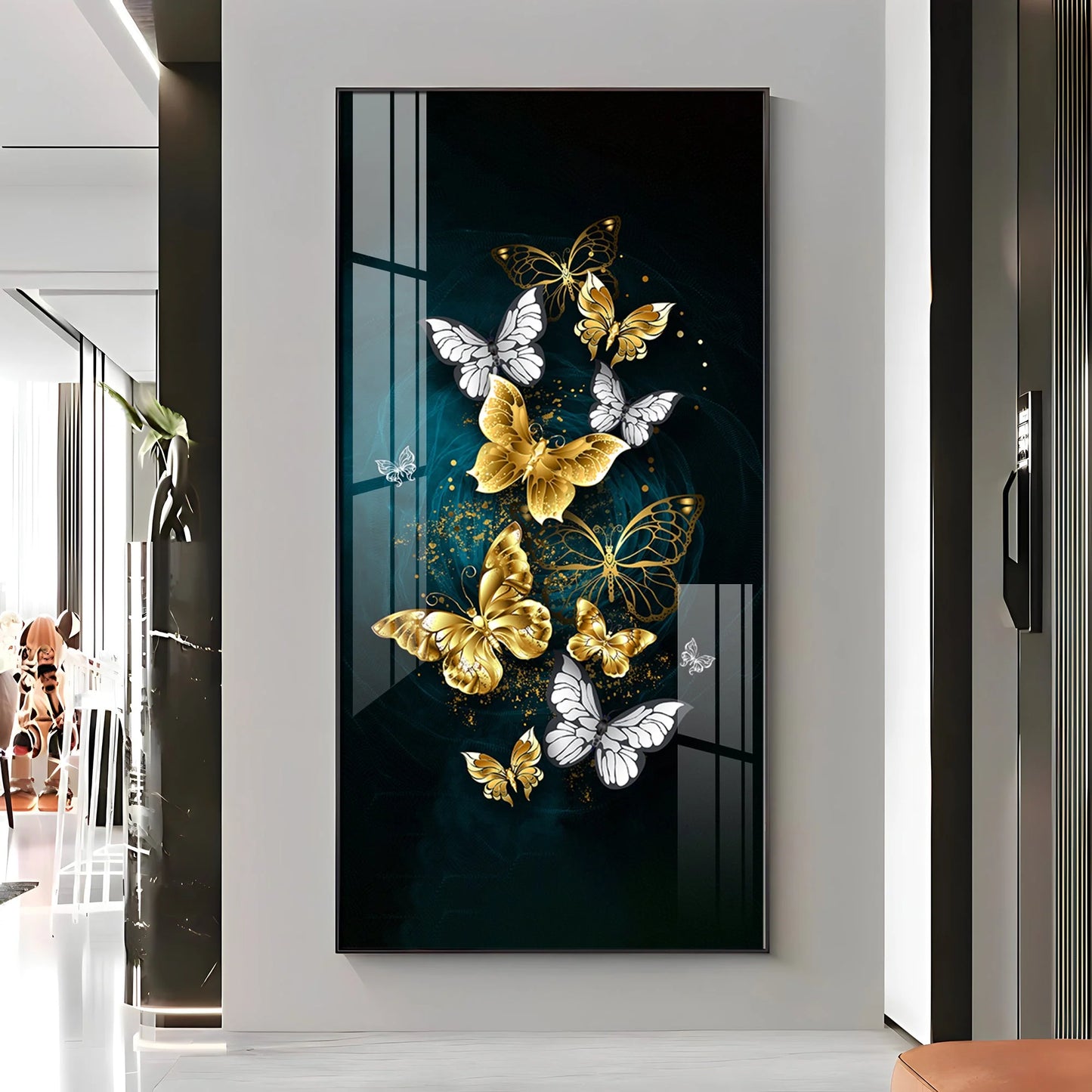 Glittery Golden & Silver Butterfly Premium Acrylic Vertical Wall Art