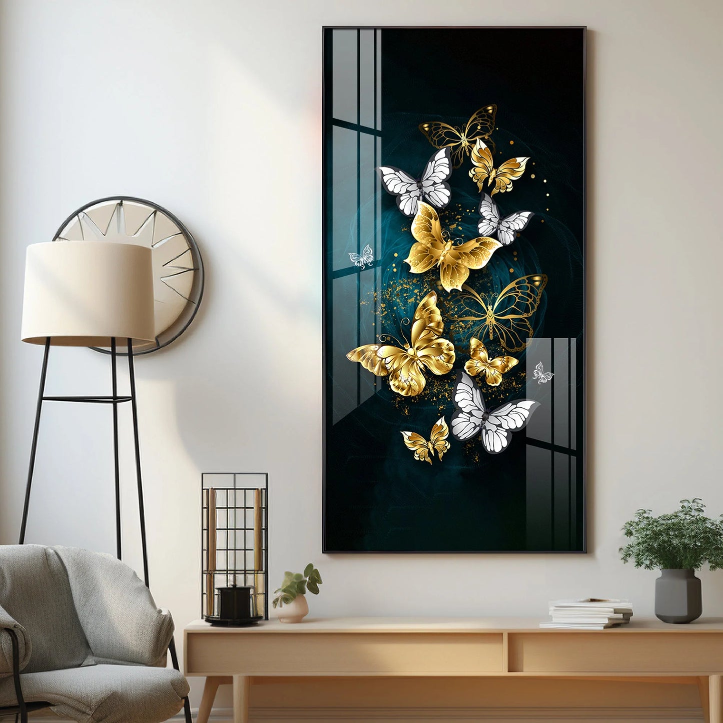 Glittery Golden & Silver Butterfly Premium Acrylic Vertical Wall Art