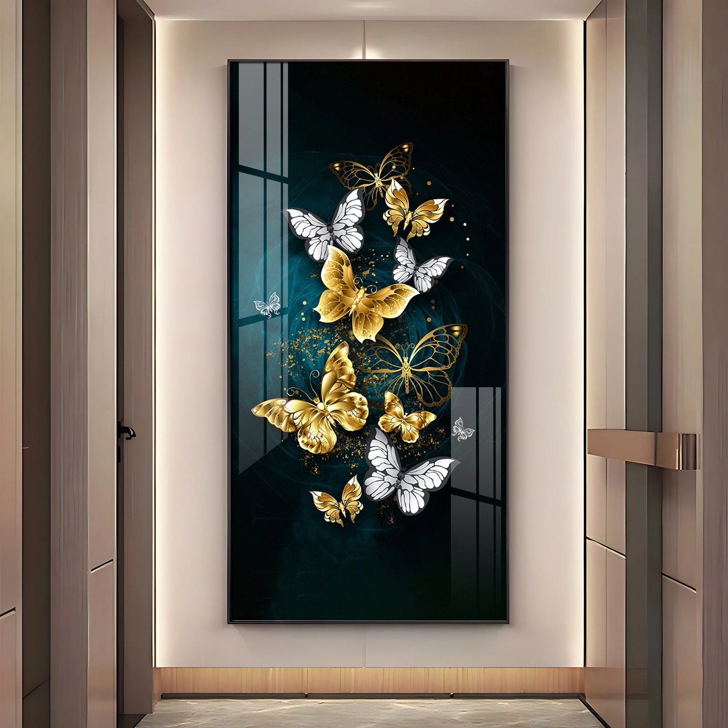 Glittery Golden & Silver Butterfly Premium Acrylic Vertical Wall Art