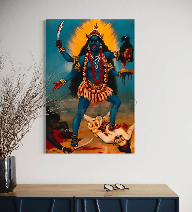 Goddess Kali After Trampling on Shiva by Raja Ravi Varma Famous Canvas Painting