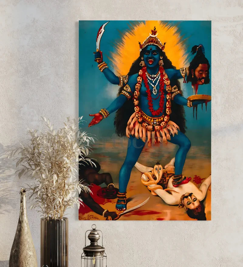 Goddess Kali After Trampling on Shiva by Raja Ravi Varma Famous Canvas Painting