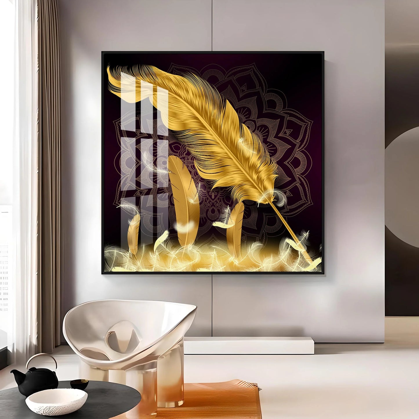 Golden Feather Light Luxury Luxury Crystal Square Wall Art