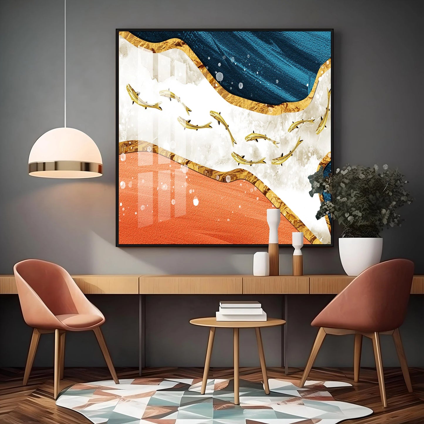 Golden Koi Fishes Swimming Luxury Crystal Square Wall Art