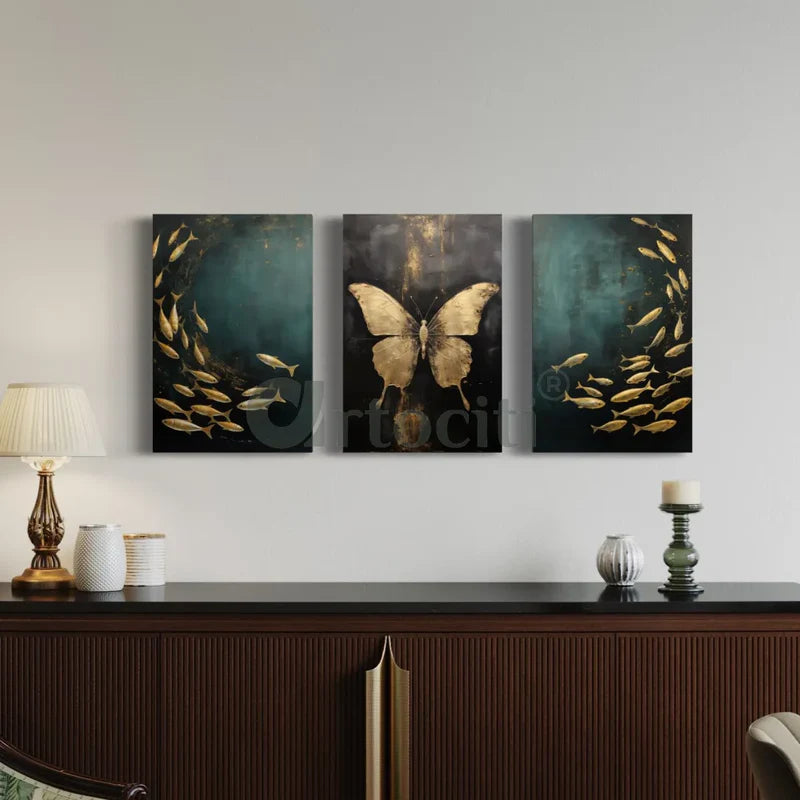 Golden Serenity: 3-Piece Teal Butterfly & Fishes Canvas Art Set