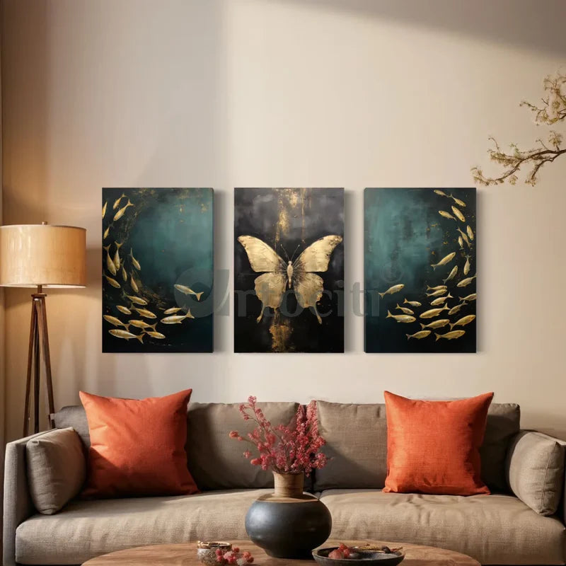 Golden Serenity: 3-Piece Teal Butterfly & Fishes Canvas Art Set