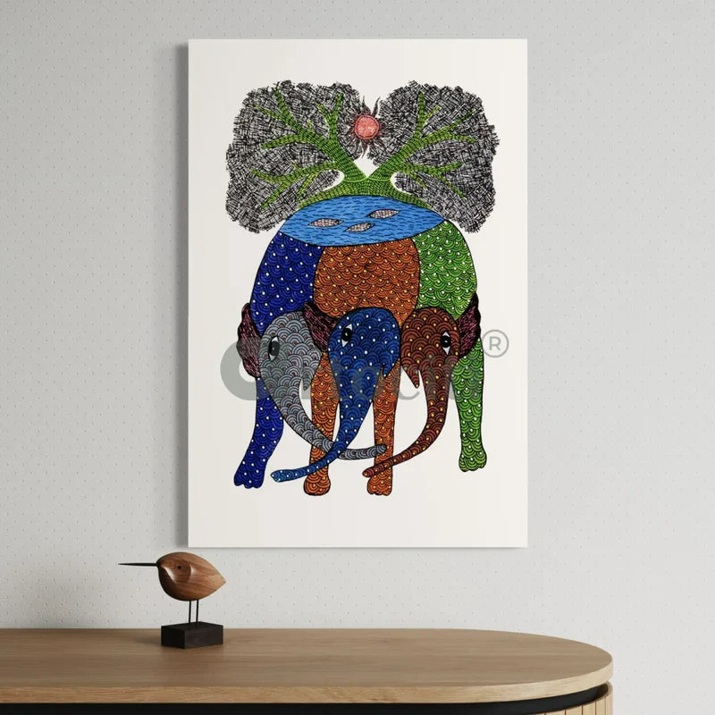 Gond Art Trio: Multicolor Three Elephant with Tree Canvas Print