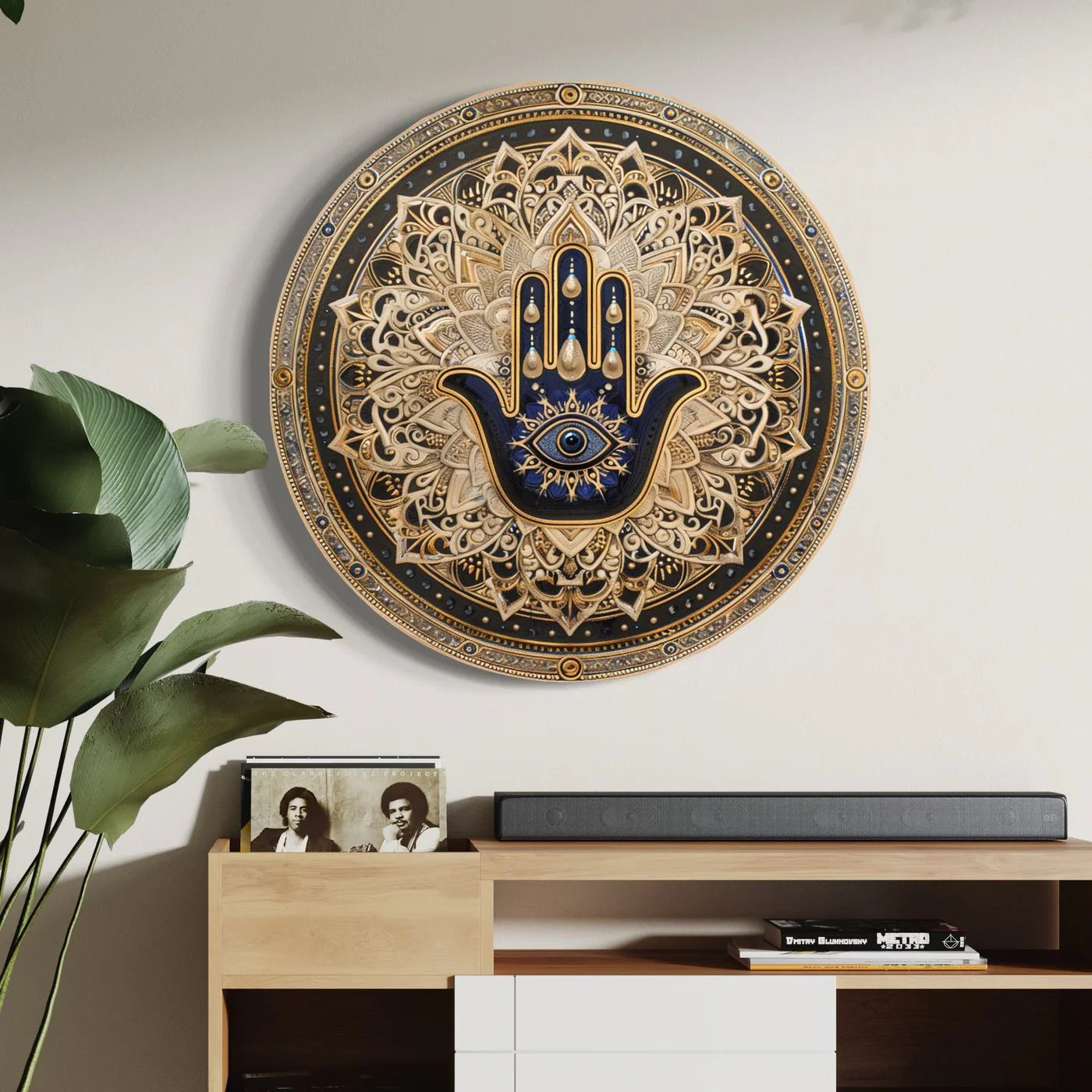Round Hamsa Hand & Evil Eye Canvas Giclee Print Round Canvas Wall Art