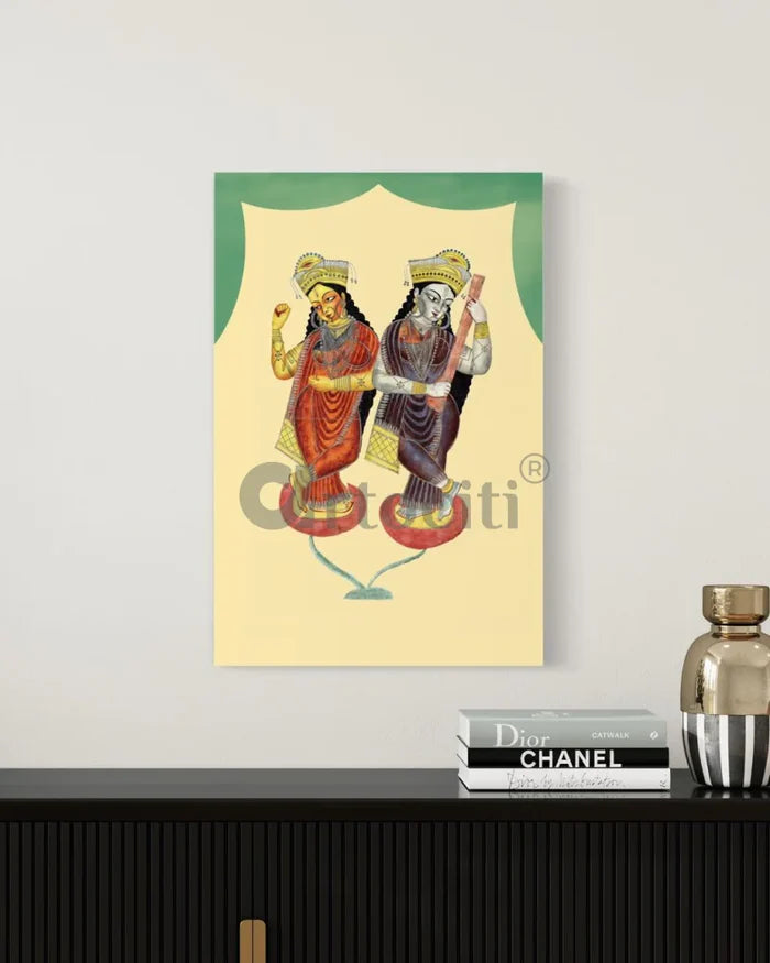 Hindu goddesses Lakshami and Saraswati playing castanets and a tambura | Kalighat Painting Canvas Giclee Print