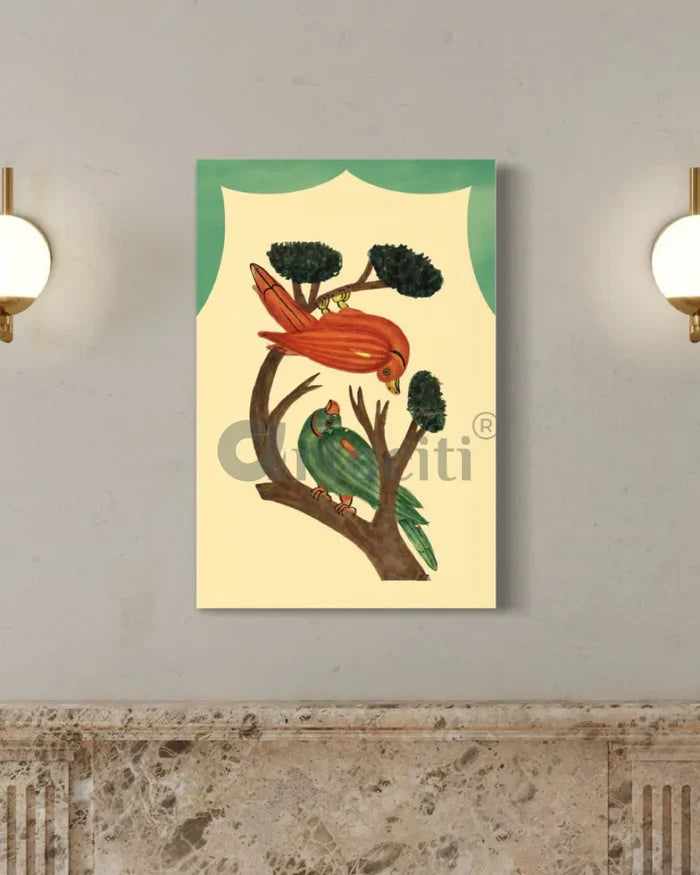 Hiramohan Birds Kalighat Painting Canvas Giclee Print