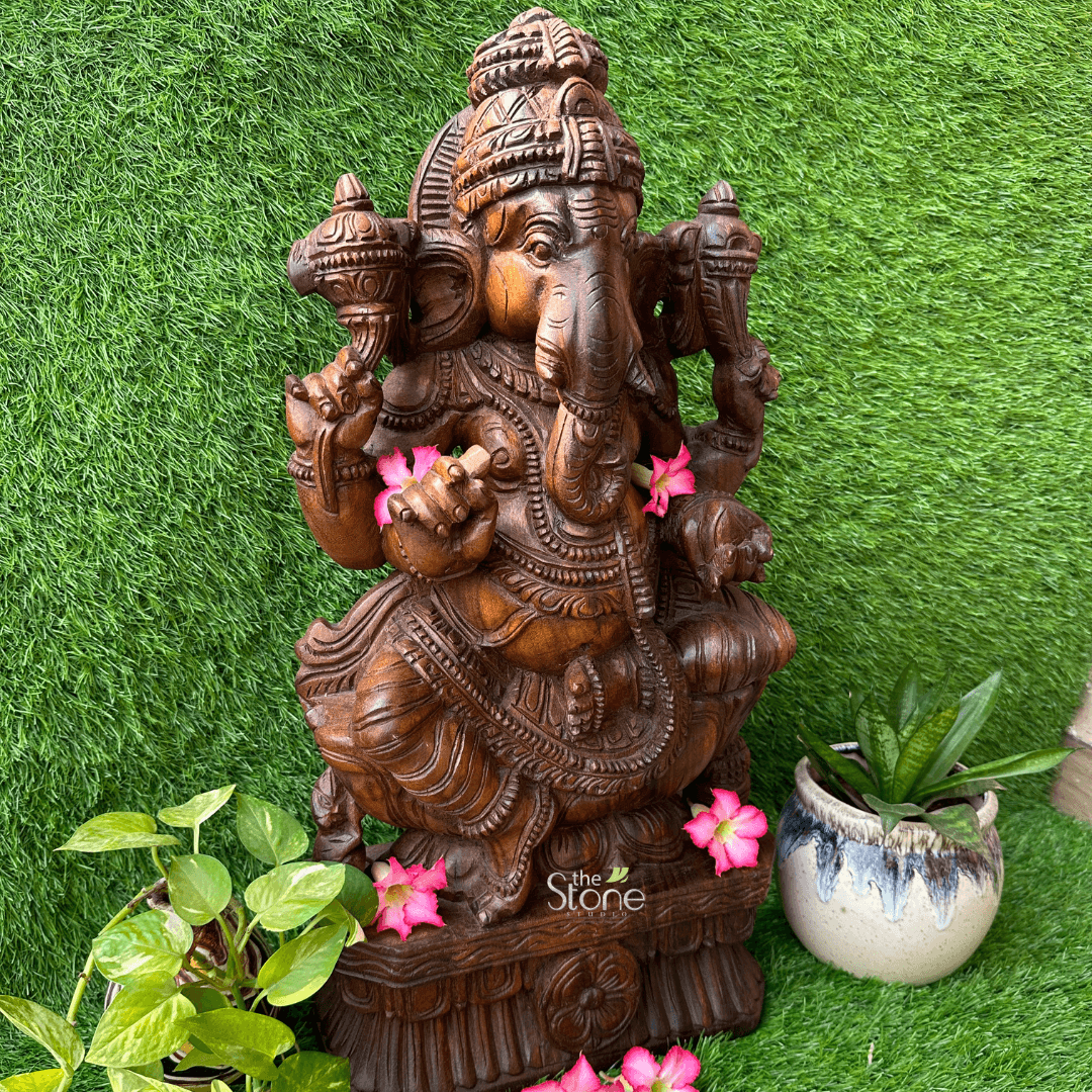 24” Wooden Sitting Lord Ganesha