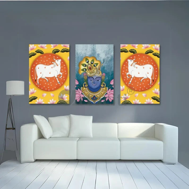 Indian Colourful Shreenath Ji Pichwai Painting (Set of 3) High Quality Giclee Print