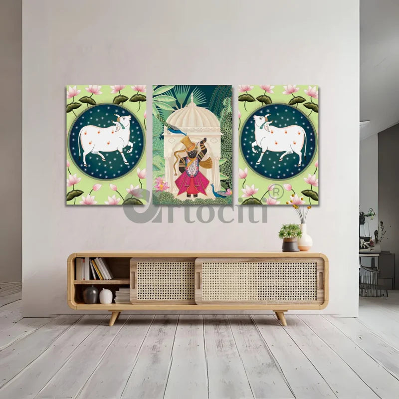 Indian Pastel Green Shreenath Ji Pichwai Painting Set of 3