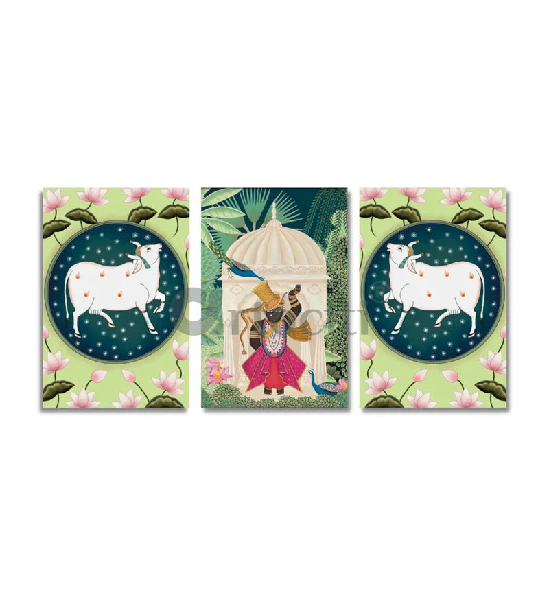 Indian Pastel Green Shreenath Ji Pichwai Painting Set of 3