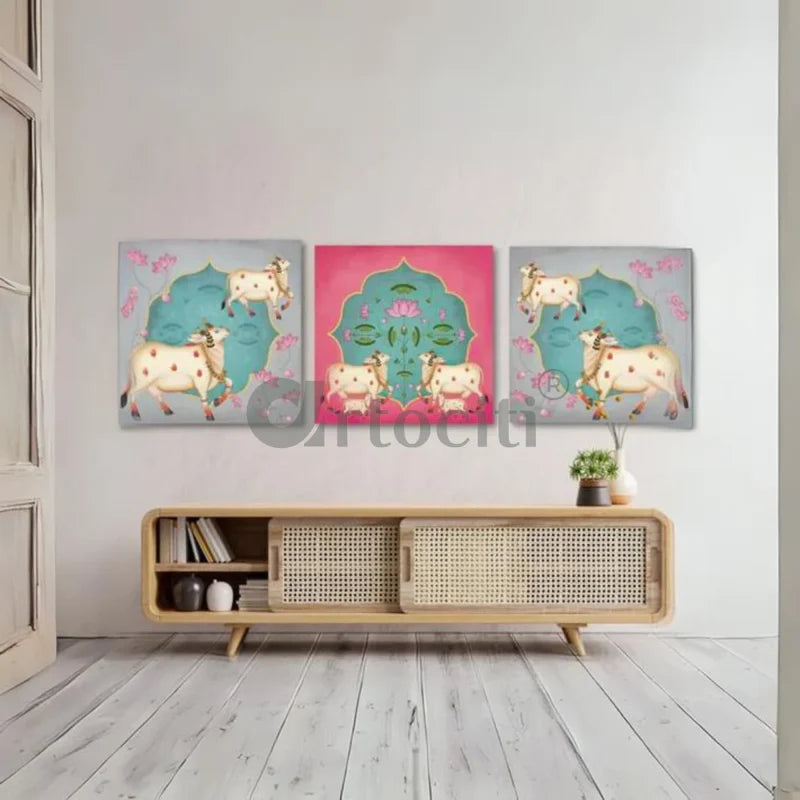 Indian Pastel Krishna Cow Pichwai Painting Wall Painting (Set of 3) Giclee Print