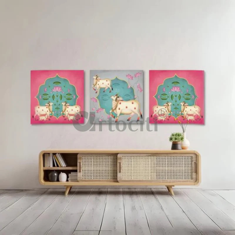 Indian Pastel Krishna Cow Pichwai Painting Wall Painting (Set of 3) Giclee Print