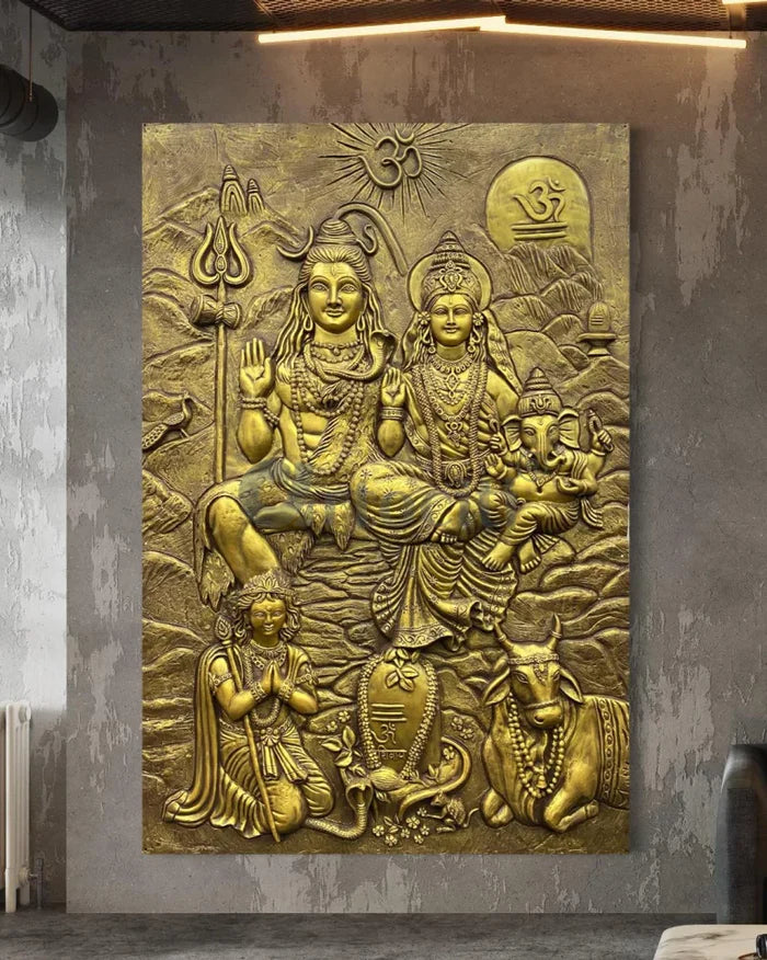 Lord Shiva Parivar 3D Relief Mural Wall Art Bronze & Golden Elegance