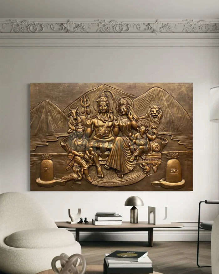 6X4 Feet Shiva Parivar 3D Relief Mural Wall Art Bronze & Golden Elegance
