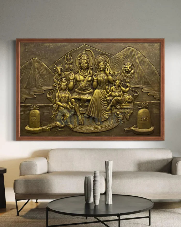 6X4 Feet Shiva Parivar 3D Relief Mural Wall Art Bronze & Golden Elegance