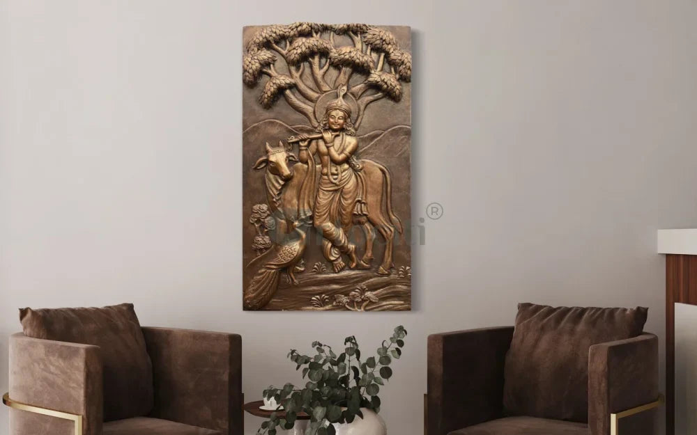 48x28 Inches Krishna with Cow 3D Relief Mural