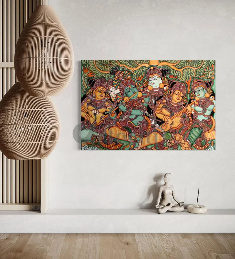 Kerala Mural Canvas Painting of Lord Krishna and his Gopis High Quality Giclee Print