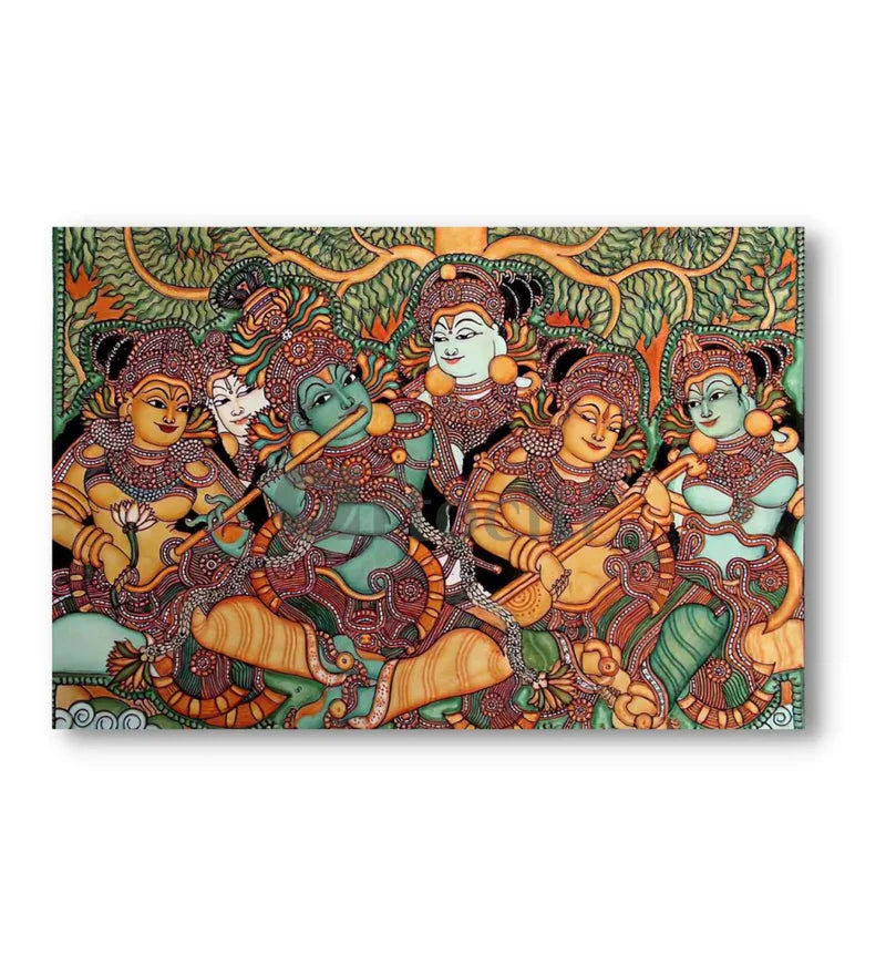 Kerala Mural Canvas Painting of Lord Krishna and his Gopis High Quality Giclee Print