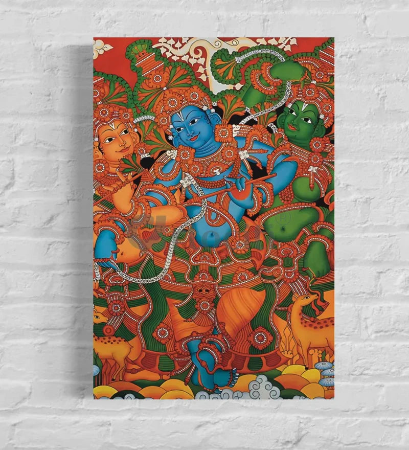 Kerala Mural Krishna with Gopis Canvas Painting