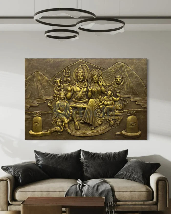 6X4 Feet Shiva Parivar 3D Relief Mural Wall Art Bronze & Golden Elegance